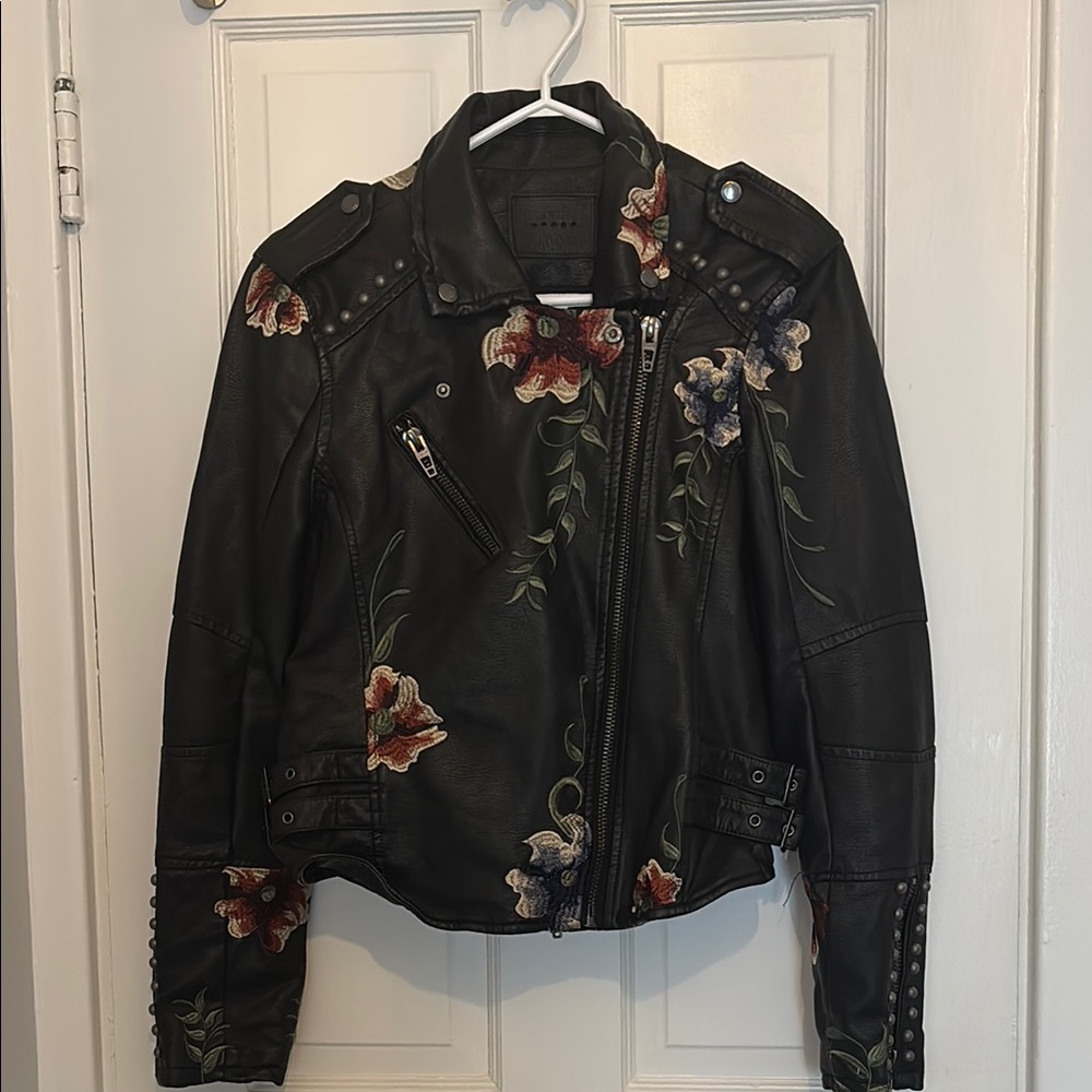 Floral Embroidered Black Faux  Leather Jacket